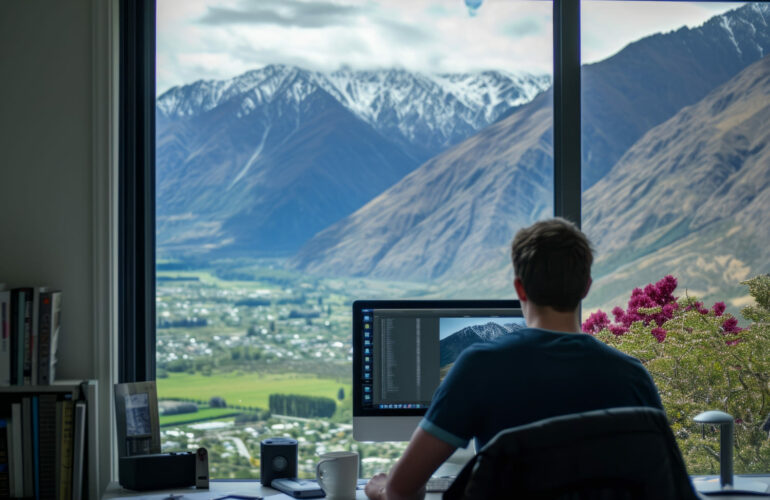 Scene with diverse young man being digital nomads and working remotely from Ireland who owns Ireland work permit