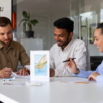 Three professionals discussing job opportunities around a table with a globe and travel brochures in the background, representing Work Abroad Agencies